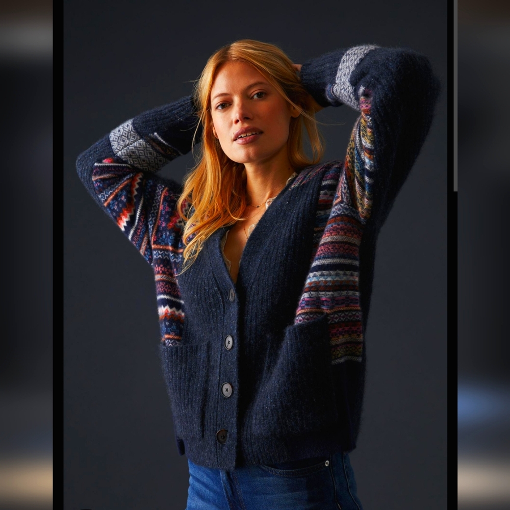 Anthropologie Pilcro Fair Isle 100% Cashmere Cardigan Pockets XS